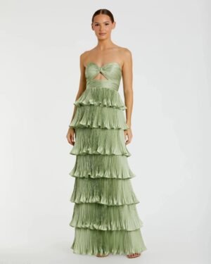Green Pleated Charmeuse Strapless Tiered Ruffle Gown
