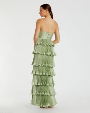 Green Pleated Charmeuse Strapless Tiered Ruffle Gown - Ieena for Mac Duggal