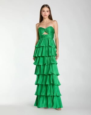 Dark Green Pleated Charmeuse Strapless Tiered Ruffle Gown