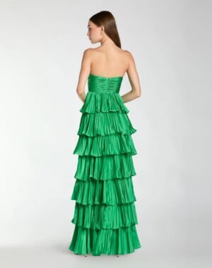 Green Pleated Charmeuse Strapless Tiered Ruffle Gown - Ieena for Mac Duggal