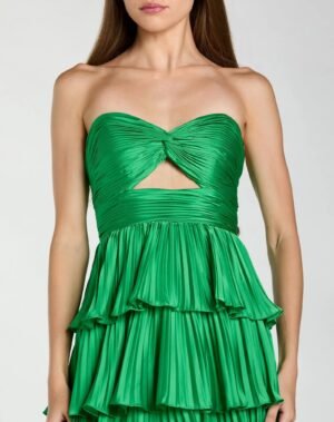 Green Pleated Charmeuse Strapless Tiered Ruffle Gown - Ieena for Mac Duggal