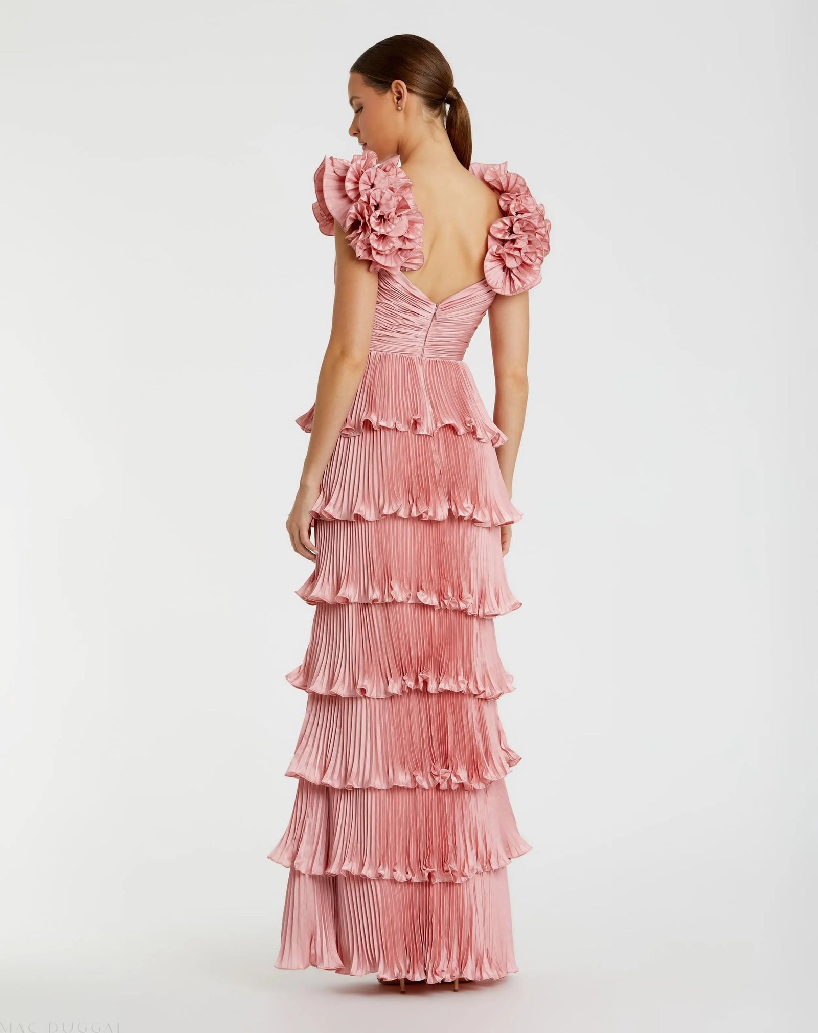 Pink Pleated Charmeuse Tiered Gown With Ruffle Straps - Mac Duggal