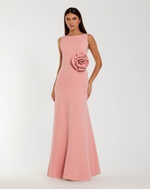 Pink Boat Neck Crepe A Line Gown With Flower