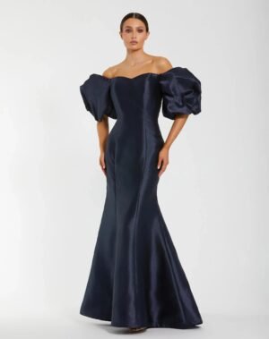Navy Sweetheart Off The Shoulder Puff Sleeve Gown
