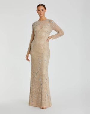 Beige Long Sleeve Beaded Evening Gown