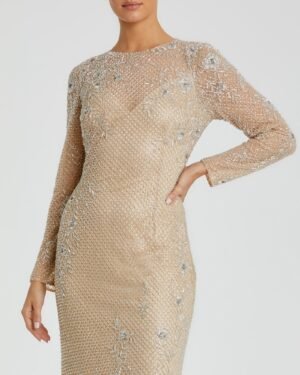 Beige Long Sleeve Beaded Evening Gown - Mac Duggal