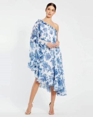 White and Blue Floral Print One Shoulder Cape Dress - Ieena for Mac Duggal