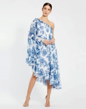White and Blue Floral Print One Shoulder Cape Dress