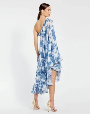 White and Blue Floral Print One Shoulder Cape Dress - Ieena for Mac Duggal