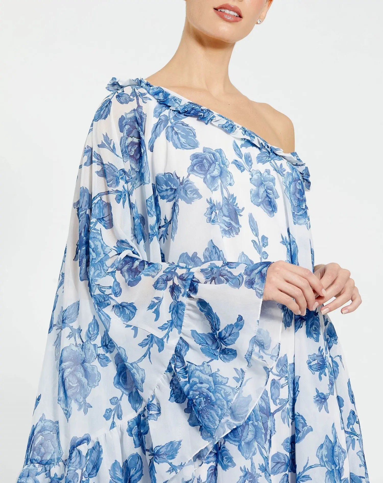 White and Blue Floral Print One Shoulder Cape Dress - Ieena for Mac Duggal