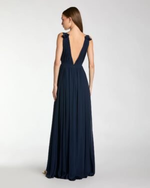 Navy Pleated Chiffon Sleeveless V-Neck Gown - Ieena for Mac Duggal