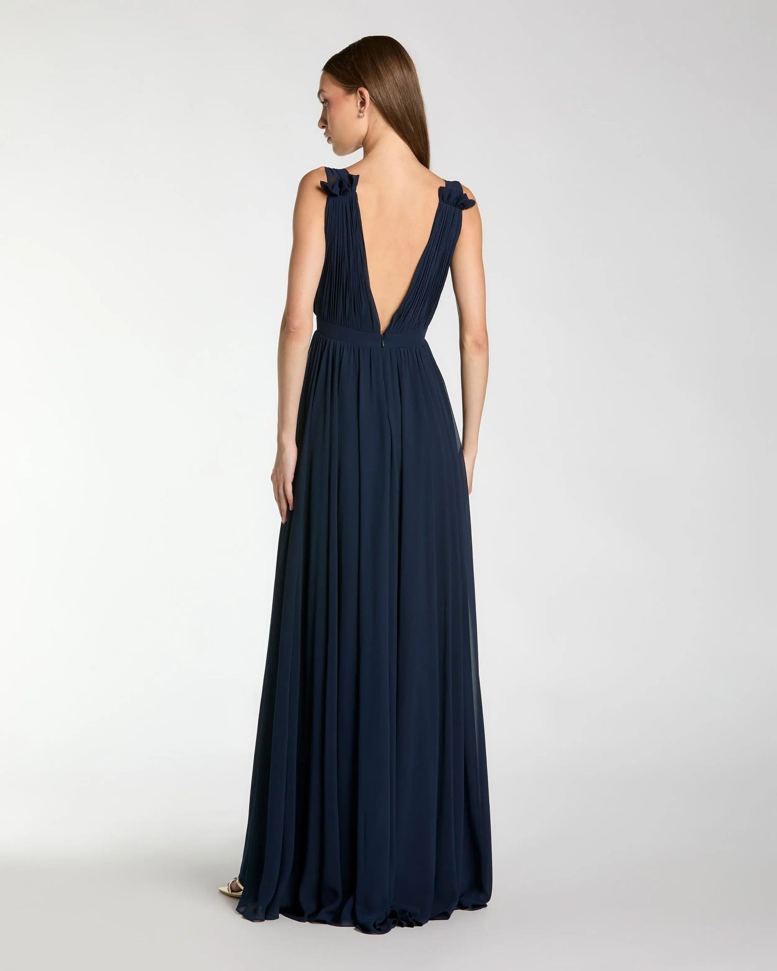 Navy Pleated Chiffon Sleeveless V-Neck Gown - Ieena for Mac Duggal