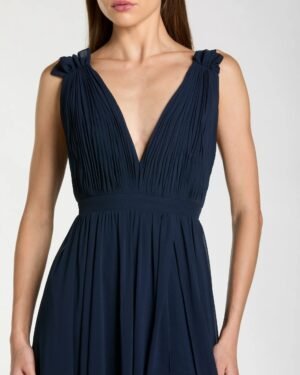 Navy Pleated Chiffon Sleeveless V-Neck Gown - Ieena for Mac Duggal