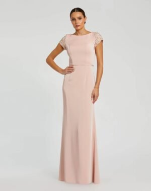 Light Pink Beaded Cap Sleeve Satin Column Gown