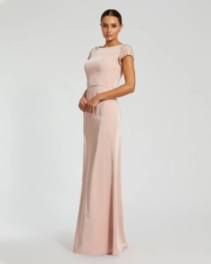 Light Pink Beaded Cap Sleeve Satin Column Gown Mac Duggal