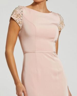 Light Pink Beaded Cap Sleeve Satin Column Gown Mac Duggal