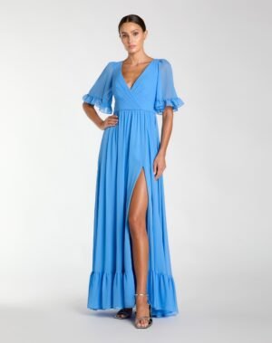 Blue Faux Wrap Ruffle Trim A-Line Gown