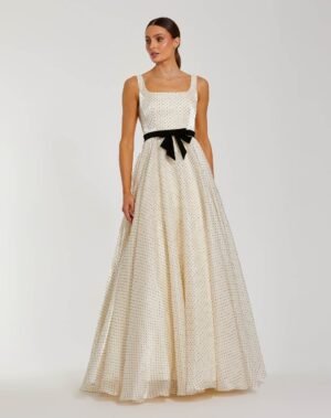 Ivory Polka Dot Square Neck Ball Gown with Bow Ieena for Mac Duggal