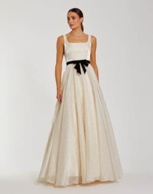 Ivory Polka Dot Square Neck Ball Gown with Bow