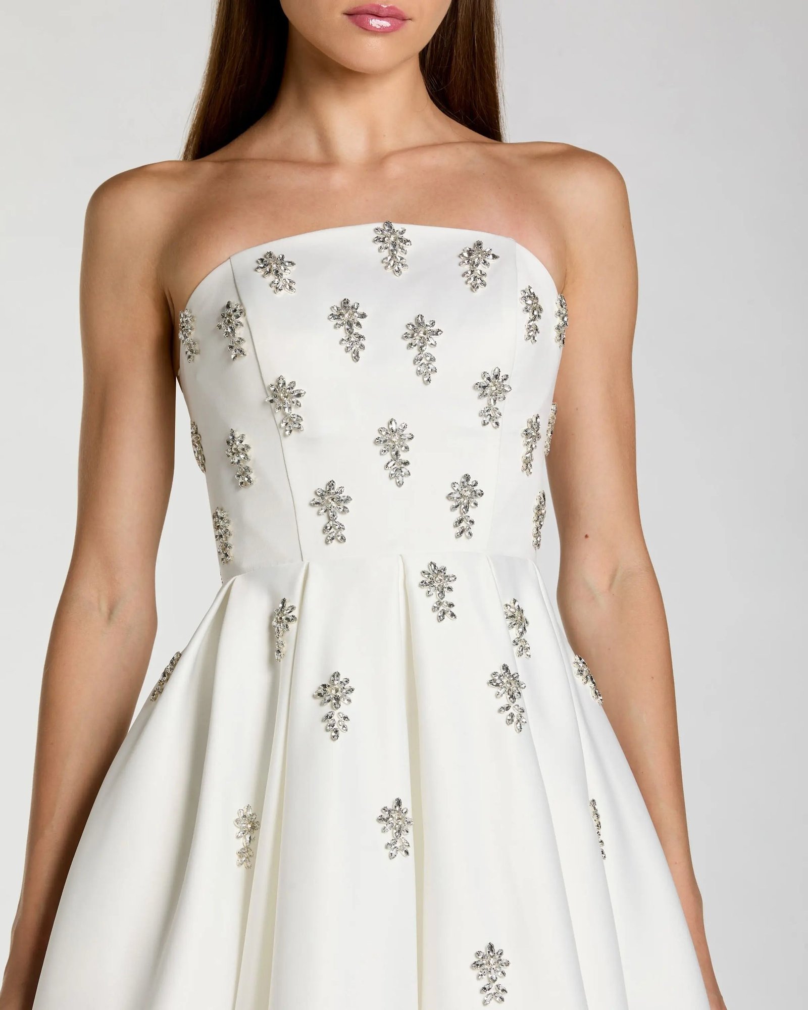 White Crystal Embellished Strapless Satin A-Line Dress Ieena for Mac Duggal