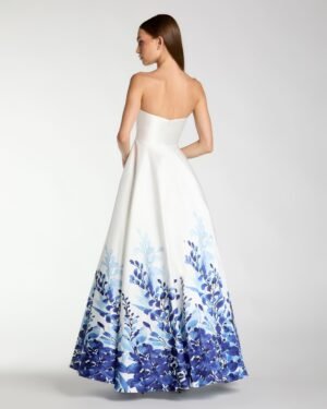 White Strapless Floral Printed Mikado Ball Gown Ieena for Mac Duggal
