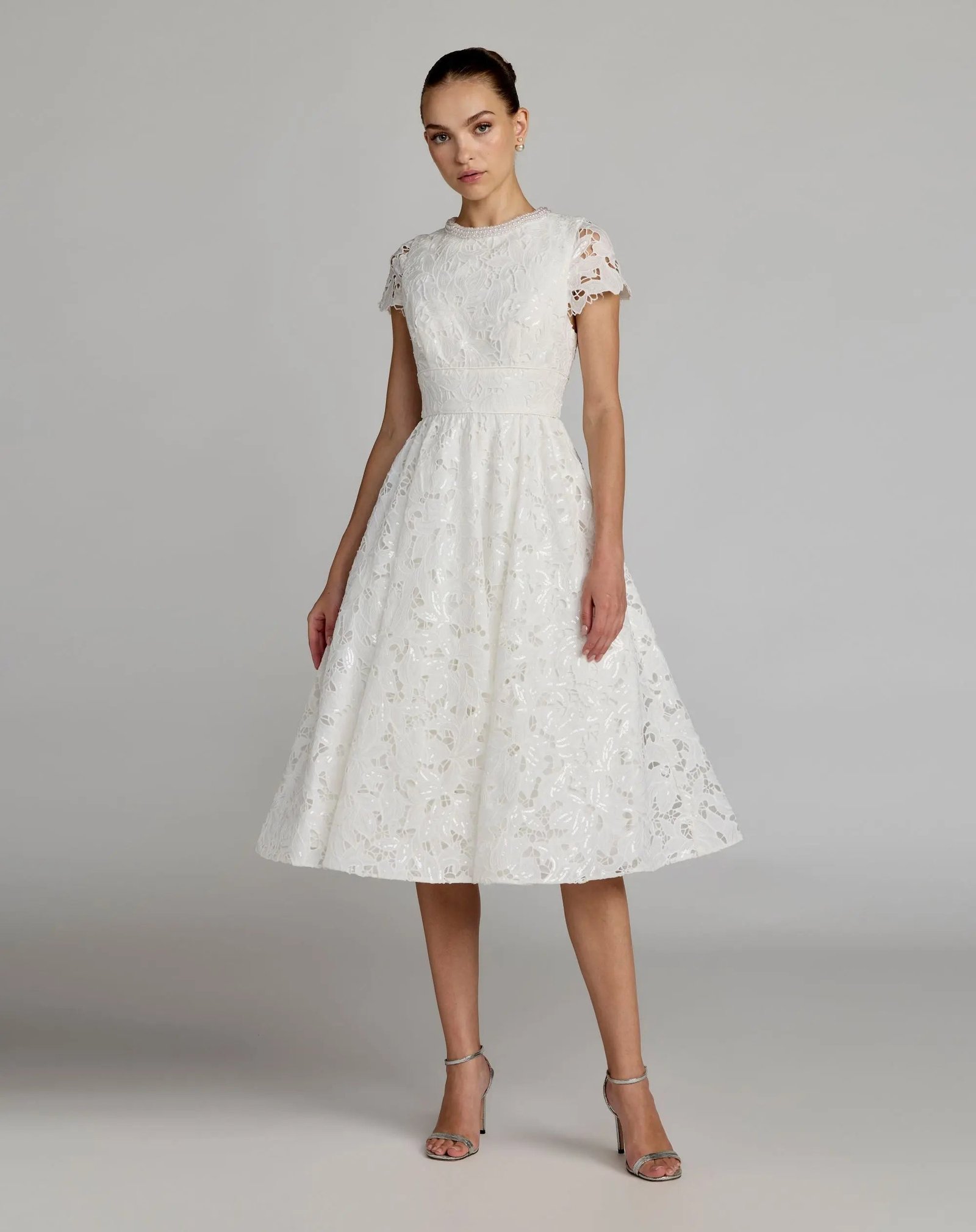 White Embroidered Lace A Line Midi Dress