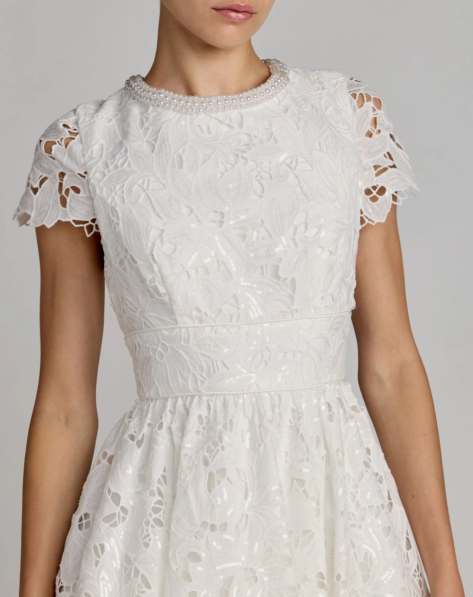 White Embroidered Lace A Line Midi Dress - Ieena for Mac Duggal