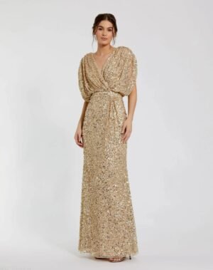 Gold Draped Sleeve V Neck Gown - Mac Duggal
