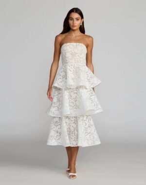 White and Beige Strapless Lace Tiered Ruffle Midi Dress - Mac Duggal