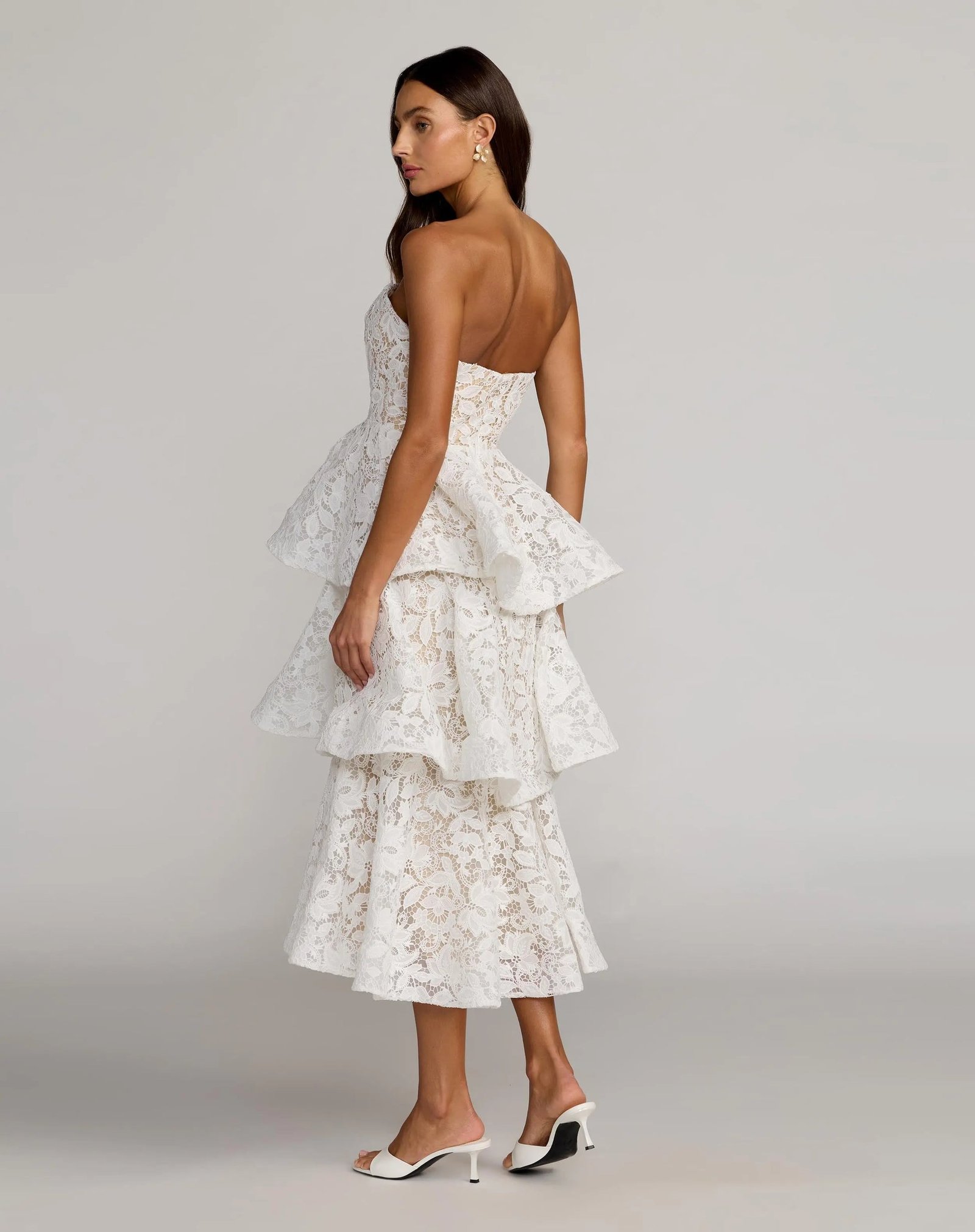 White and Beige Strapless Lace Tiered Ruffle Midi Dress - Mac Duggal