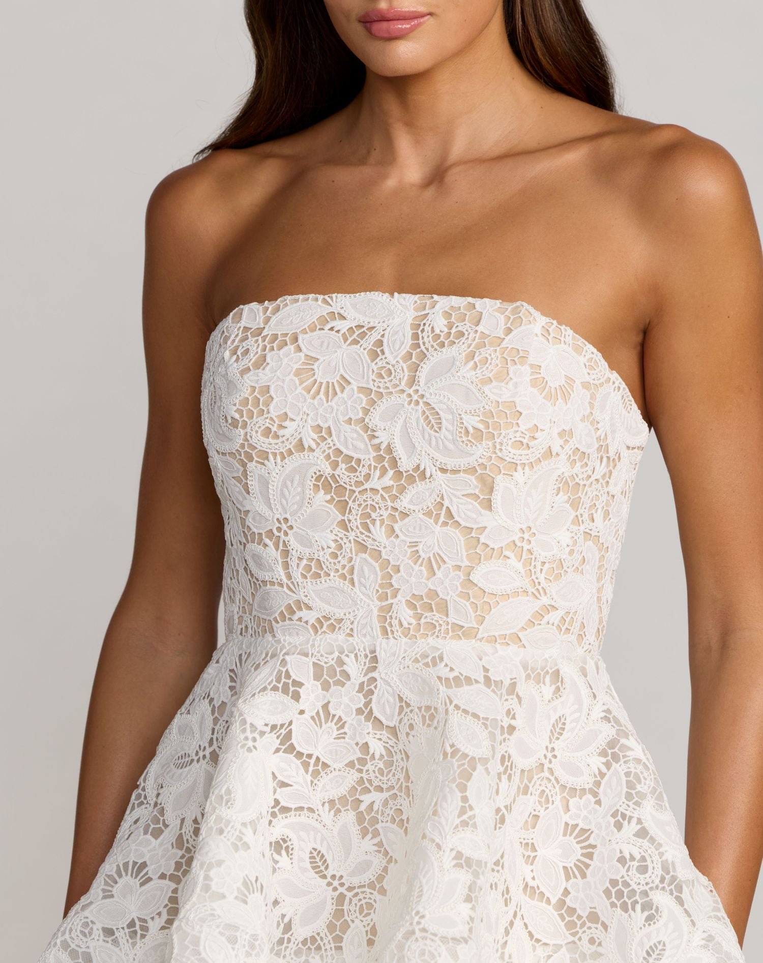 White and Beige Strapless Lace Tiered Ruffle Midi Dress - Mac Duggal