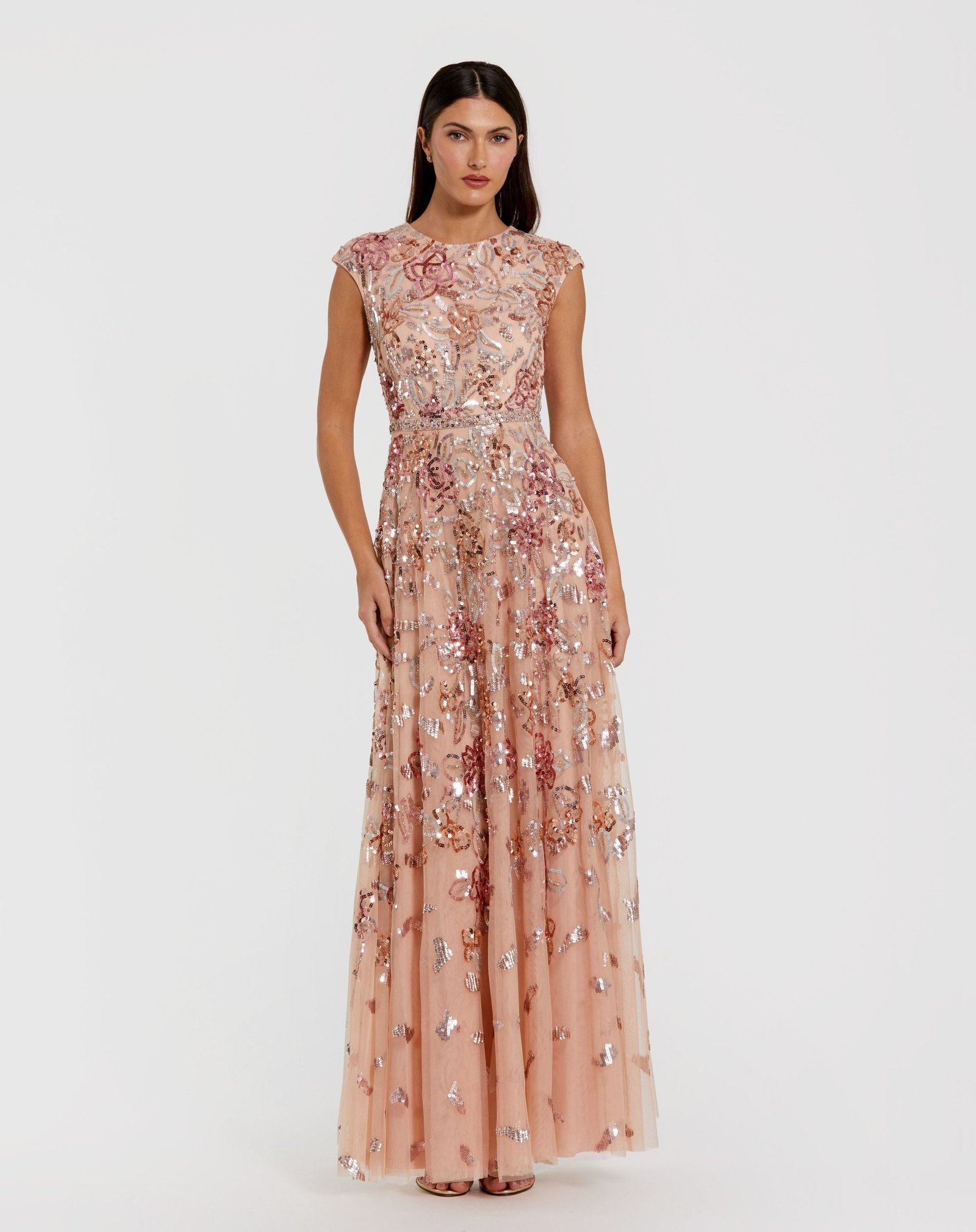 Orange Sequin High Neck Cap Sleeve A Line Gown