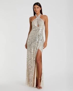 Silver Sequin Halter Keyhole Column Gown - Mac Duggal
