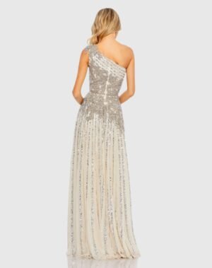 Silver Beaded Embellished One Shoulder A Line Gown - Mac Duggal
