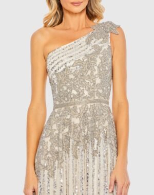 Silver Beaded Embellished One Shoulder A Line Gown - Mac Duggal