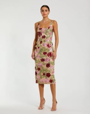 Beige Floral Beaded Scoop Neck Midi Dress - Mac Duggal