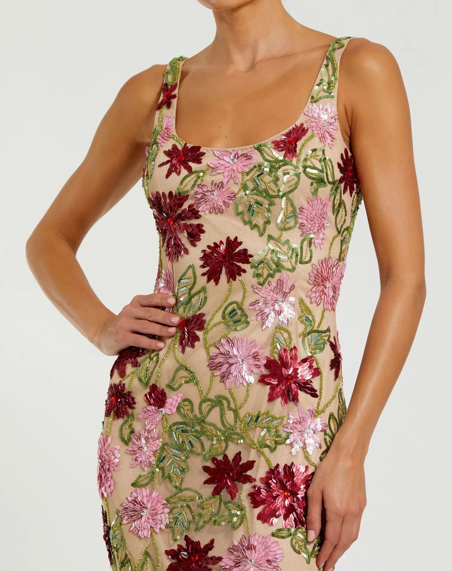 Beige Floral Beaded Scoop Neck Midi Dress - Mac Duggal