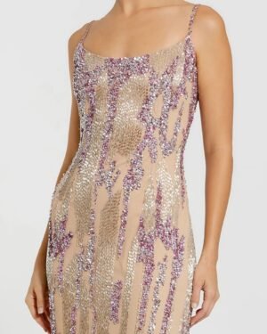 Beige Spaghetti Strap Beaded Column Gown Mac Duggal