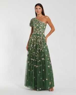 Green One Shoulder Embellished A Line Gown