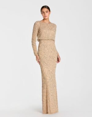 Beige Long Sleeve Beaded Blouson Gown