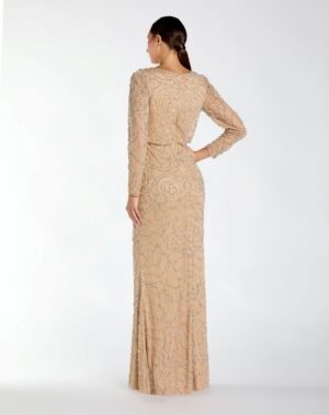 Beige Long Sleeve Beaded Blouson Gown - Mac Duggal