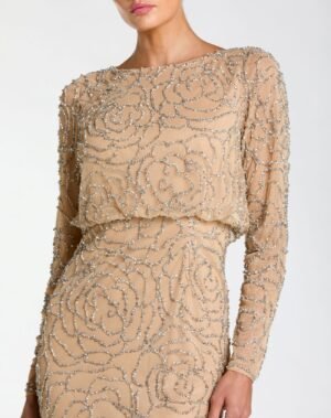Beige Long Sleeve Beaded Blouson Gown - Mac Duggal