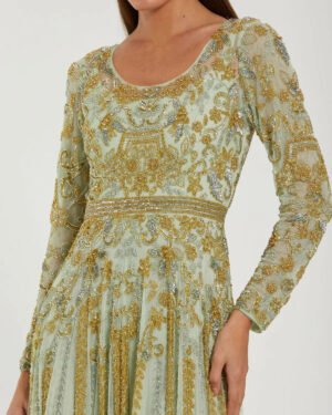 Green Beaded Long Sleeve Scoop Neck A Line Gown Mac Duggal