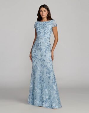 Blue Floral Applique Boat Neck Cap Sleeve Gown - Mac Duggal