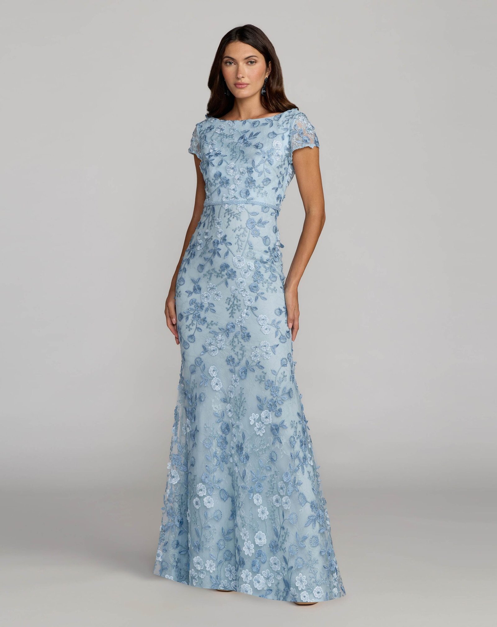 Blue Floral Applique Boat Neck Cap Sleeve Gown