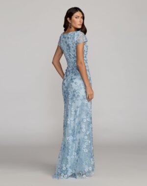 Blue Floral Applique Boat Neck Cap Sleeve Gown - Mac Duggal