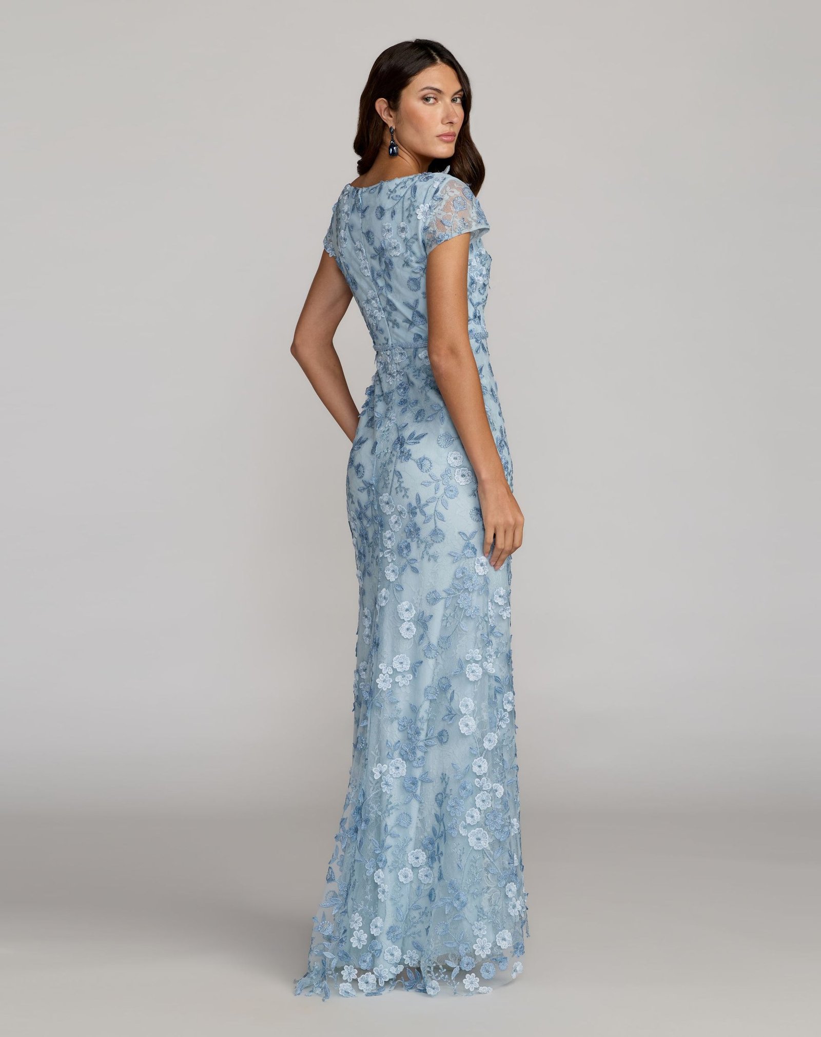 Blue Floral Applique Boat Neck Cap Sleeve Gown - Mac Duggal