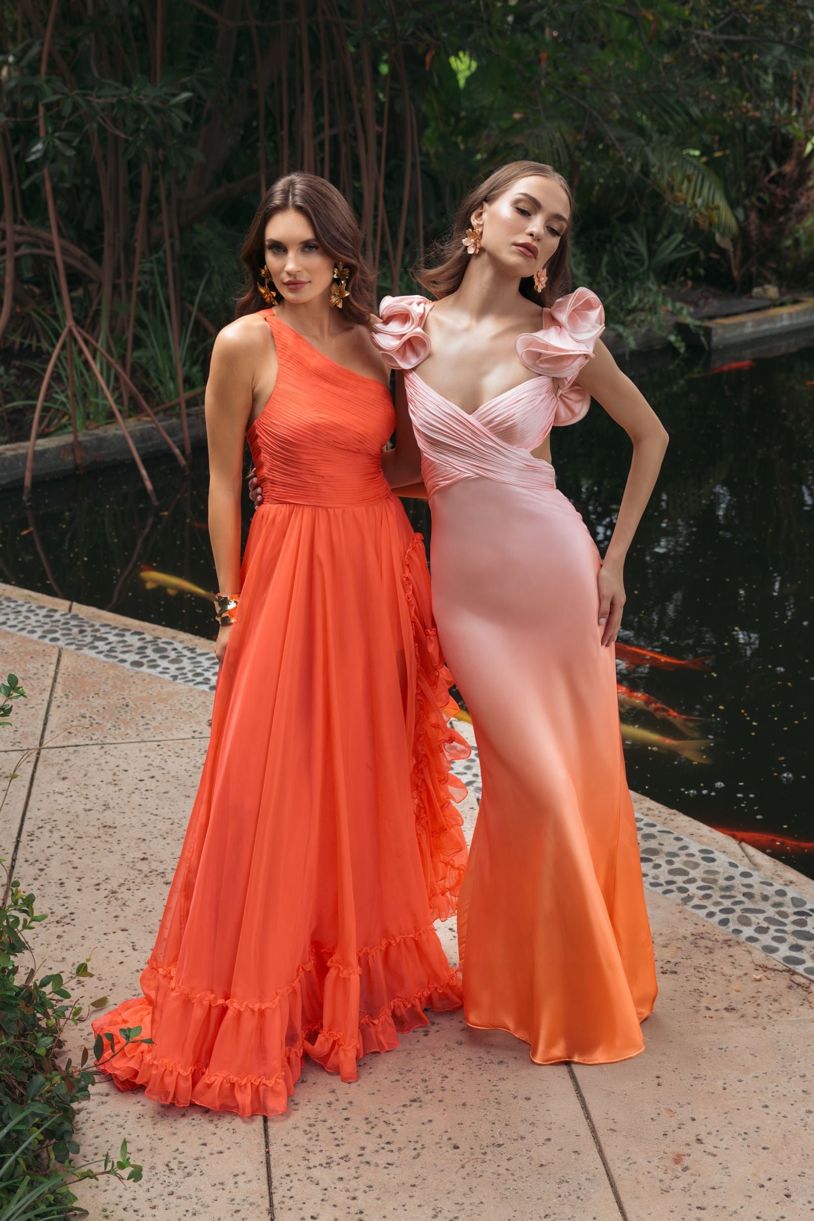 Pink and Orange Charmeuse Ruffle Strap Crossover Ombre Gown Ieena for Mac Duggal