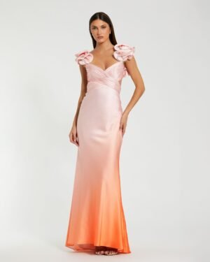 Pink and Orange Charmeuse Ruffle Strap Crossover Ombre Gown