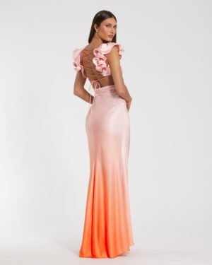 Pink and Orange Charmeuse Ruffle Strap Crossover Ombre Gown Ieena for Mac Duggal